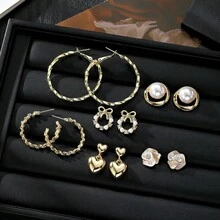 12pcs/Set Alloy Round Earrings, Women's Faux Pearl C-Shaped Earrings, Vintage Luxury Earrings, Various Styles Suitable For Daily Wear - Multicolor - View 2