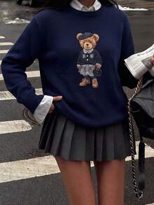 Women's Navy Blue Teddy Bear Print Knit Long Sleeve Crew Neck Pullover, Autumn Essential - Navy Blue - View 3