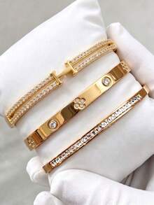 3/1pcsGold‑Tone Stainless Steel Bangle, Rhinestone‑Encrusted Panther Head Design, Bold Luxurious Vibe For Daily Styling - Gold - View 17