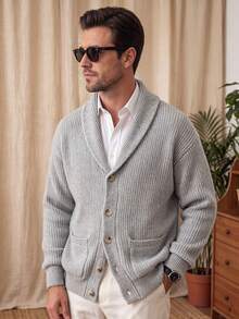 Men's Solid Color Open Front Lapel Long Sleeve Loose Fit Business Casual Commuter Double Pocket Cardigan Sweater Autumn Winter - Light Grey - View 2