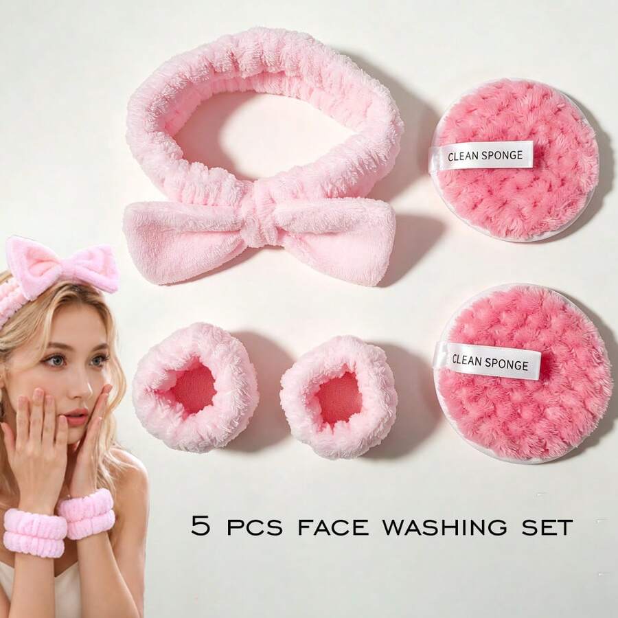 5Pcs Face Washing Set, Soft Plush Bow Headband, Absorbent Wristbands & Reusable Makeup Remover Pads, Multiple Colors Available - Multicolor - View 1