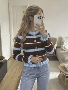 Women's Autumn/Winter Casual Elegant Ruffle Trim Colorful Striped Contrast Collar Cardigan Top, Outing Top, Back To School Outfit Fall - Multicolor - View 3