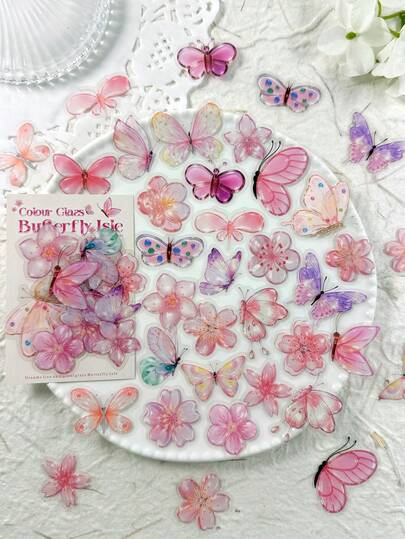 1 Pack 50pcs Vintage Crystal Style Butterfly & Floral Stickers, DIY Scrapbooking Collage Decoration Stickers For Planner, Photo Album, Scrapbook, Doodle