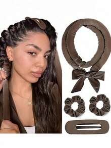 OBOVAY 4pcs Heatless Hair Curler Set, No Heat Required To Wear And Sleep, Ultra Soft Ribbon Wrap For Long Hair, Includes Hair Ties And Clips, Suitable For All Hair Types, Overnight Use - Brown - View 1