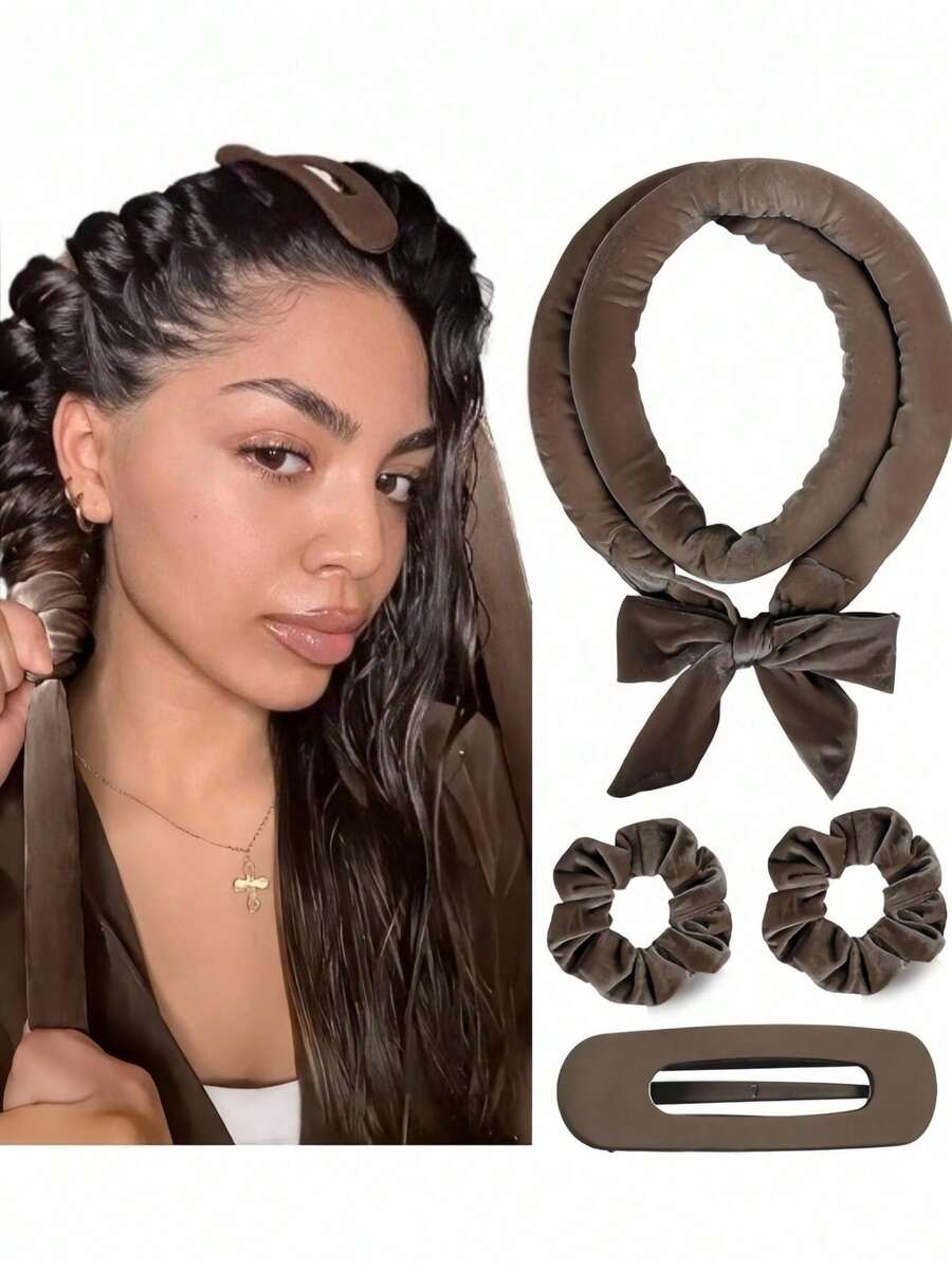 OBOVAY 4pcs Heatless Hair Curler Set, No Heat Required To Wear And Sleep, Ultra Soft Ribbon Wrap For Long Hair, Includes Hair Ties And Clips, Suitable For All Hair Types, Overnight Use - Brown - View 1