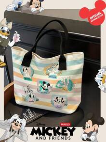 Miniso Disney 米奇與好友帆布托特包，馬卡龍色條紋印花，附手柄肩背包，適合日常使用 - 黑色 - 查看 3