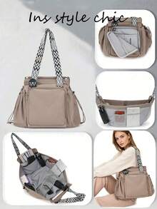 Geometric Woven Tote Bag With Wide Strap, Multi-Compartment Large Capacity For Tablet, Water Bottle And Personal Items, Zipper And Drawstring Closure, Casual Commuter Style, Multi-Pocket Shoulder Bag For Women, School, Travel And Daily Use - Khaki - View 10