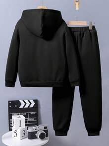 Boys' Cartoon Pattern Hooded Sweatshirt And Sweatpants Warm Set - Black - View 2