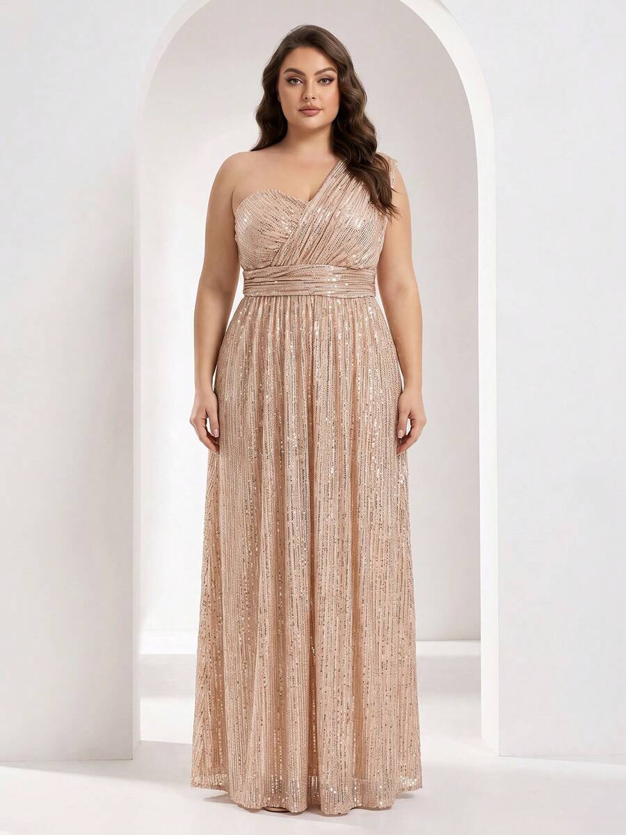 YISIKADO Sequin One-Shoulder Evening Gown - Champagne - View 1