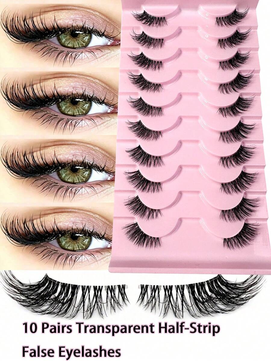 10 Pairs Transparent Half-Strip False Eyelashes, Natural & Delicate, Create Cat Eye Makeup Effect, Natural Short Accent False Lashes, Outer Corner Lashes, 3/4 Lashes, Reusable, Strip Eyelashes