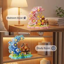 738pcs/783pcs Small Particle Romantic Moon Flower House Micro Building Blocks Assembly Toy, Windmill Cottage Ornament DIY Handmade Gift, Girly Desktop Decoration, Holiday Gift - Multicolor - View 3