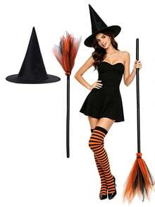Women Halloween Witch Costume Accessory Set, Pointed Witch Hat & Tulle Broom Prop, Cosplay Fancy Dress Supplies For Halloween Party Masquerade - Multicolor - View 3