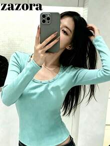 Sweater Rajut Musim Gugur Leher Bulat dengan Hiasan Rivet, Atasan Serbaguna, Pas Badan, dan Menawan untuk Wanita - Hijau - View 6