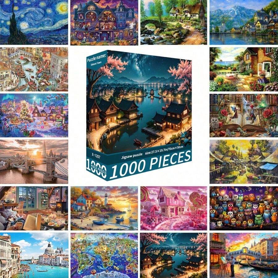 1000片拼图玩具，尺寸70厘米*50厘米，油画风景卡通图案，成人减压，装饰艺术品，适合万圣节、圣诞节、生日礼物