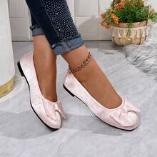 Women's French Style Bow Polka Dot Flat Ballet Shoes, Square Toe Low-Cut Soft Sole Satin Commuter Shoes, Plus Size 36-43 - Pink - View 3