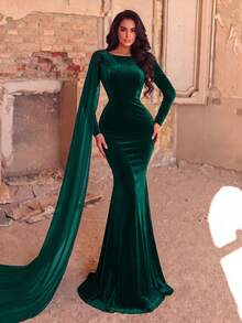 Side Drape Mermaid Hem Velvet Formal Dress - Dark Green - View 6