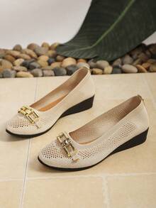 Women's Round Toe Wedge Heel Mesh Breathable Metal Buckle Low Vamp Ballet Shoes, Spring/Summer Commute Minimalist Elegant Driving Loafers - Beige - View 7