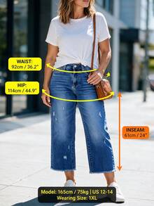 Plus Size Women Elastic Waist Loose Straight Leg Jeans, Distressed Ripped 7/8 Length Denim Pants, Washed Blue Casual Spring, Effortless Style - Blue - View 7