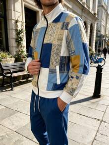 Setelan Jaket dan Celana Panjang Pria Musim Gugur/Dingin untuk Pakaian Sehari-hari Musim Gugur/Dingin, Motif Geometris Blok Warna Patchwork - MultiWarna - View 4