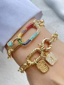 1PC Luxury Screw Buckle A-Z Initial Letter Bracelet,Double Colorful Climbing Chain,Double Buckle Letter Double Chain,For Celebrating Holiday Daily - Yellow Gold - View 1