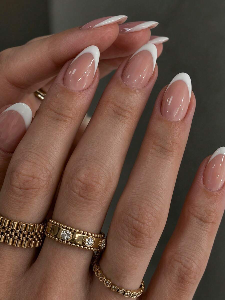 Minimalist Style 30pcs Short Round White Edge French Press-On Nails Fake Nail Tips Nail Stickers Manicure Set Suitable For Daily Wear, Dates, Afternoon Tea, Outings - Multicolor - View 1
