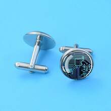 1 Pair Circuit Board Pattern Cufflinks Glass Inlaid Circular Decoration Men's Formal Gift Elegant Design Exquisite Style Business Accessories - Silver - View 4