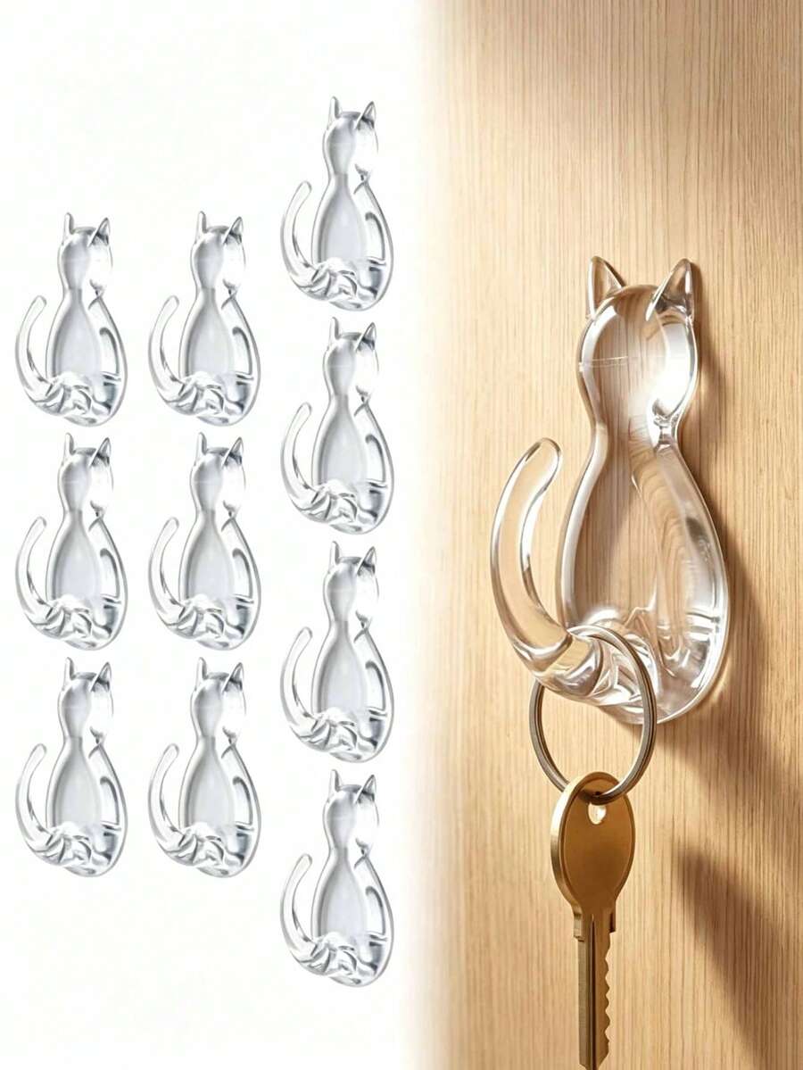 1/2pcs Transparent Waterproof Cat Tail Shaped Self-Adhesive Wall Hooks, Minimalist Cute Cat Design Hanging Hooks, Suitable For Kitchen, Bathroom And Bedroom, Cute Practical Wall Decor Hooks, Can Be Used For Christmas And Halloween Decoration, Flags - Multicolor - View 1