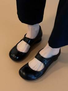 Vintage Chunky Heel Women's New Versatile Round Toe Low Vamp Side Open Ballet Mary Jane Shoes - Black - View 4