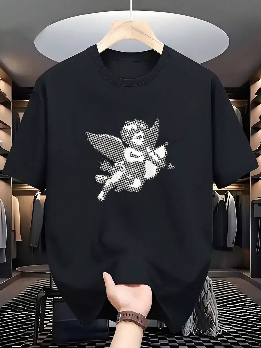 Unisex T-Shirt Little Angel Cupid Print Men'S Casual Round Neck T-Shirt For Students, Office Workers, Romantic/Retro Lovers, Daily Wear, Soft Anfall T - Black - View 1