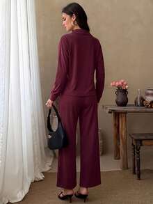 LUNNELUX Women Fall Burgundy Knit 2 Pieces Outfits, Half Zip Collar Long Sleeve Top & Drawstring Wide Leg Pants Set Halloween Travel Daily Tracksuit - Burgundy - View 2