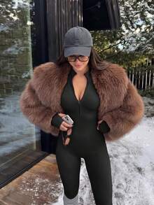 Zipper‑Front Long‑Sleeve Round‑Neck Jumpsuit, Seamless Ski Base Layer, Fall‑Winter, Tummy‑Control Butt‑Lifting Layerable - Black - View 9