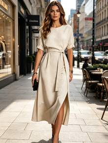 HUTENER Spring/Summer Women's Solid Color Linen Long Dress, Round Neck Waist-Cinching Design, Summer Women's Apparel, Daily Commute Date Gentle Outfit Elegant - Beige - View 1