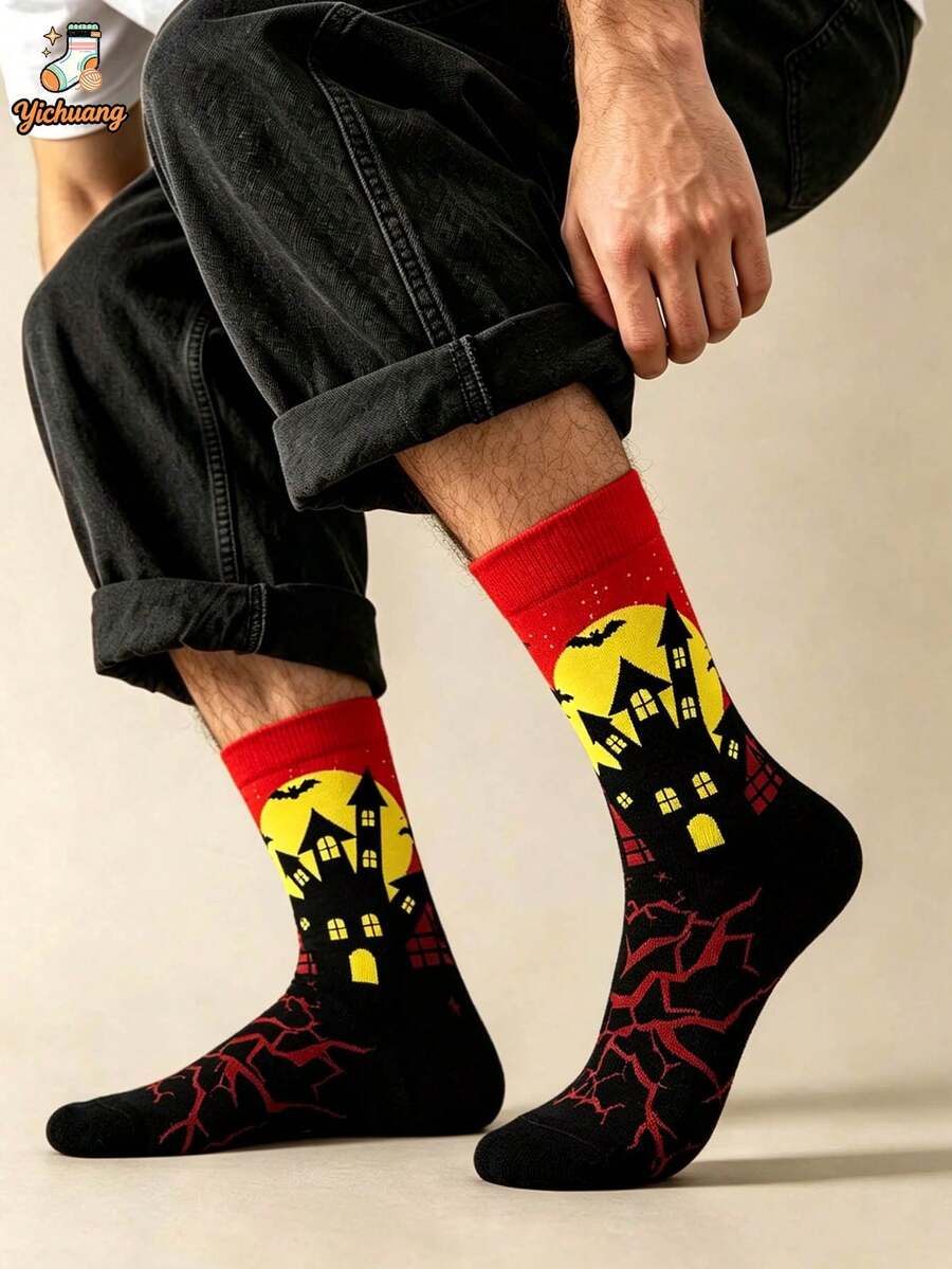 1 Pair New Halloween Men's Mid-Calf Socks, Castle & Bat Socks - Multicolor - View 1