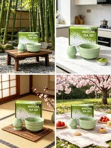 2/4/5pcs 500ml Handmade Vintage Ribbed Matcha Bowl Set, Made Of Premium Ceramic, Elegant And Exquisite, Easy To Carry And Use, Suitable For Business Meetings, Art Appreciation, Travel, Leisure And Other Occasions, Also Suitable For Japanese Tea Ceremony And Back To School Season - Multicolor - View 3