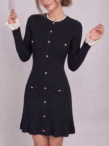 Women's Elegant Commuter Contrast Cuff Front Button Slim Fit Knit Dress - Black - View 5