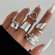 9pcs Random Set Men's Women's Unisex Personalized Hollow Asymmetrical Asymmetric Stackable Rings, Material, Suitable For Daily Wear, Gatherings, Music Festivals Or Parties (No Box) - Silver - View 5