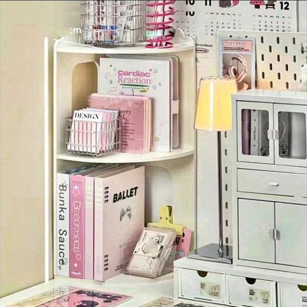 Minimalist Corner Desktop Organizer, Designed For Dorm Desk Corner, Multi-Tier Storage, Organizes Books, Aromatherapy, Makeup Accessories, Hollow Design Breathable And Dust-Free, Fresh Cream White Color With Great Atmosphere, Stable Structure For Placement, Easily Solves Dorm Desk Storage Problems