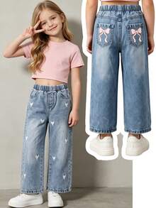 Young Girls Y2K Style Autumn/Winter Heart Embroidery Straight Leg Jeans With Back Pocket Bow Print, Versatile Casual Vintage Wide Leg Pants For Back To School And Daily Wear - Light Wash - View 11