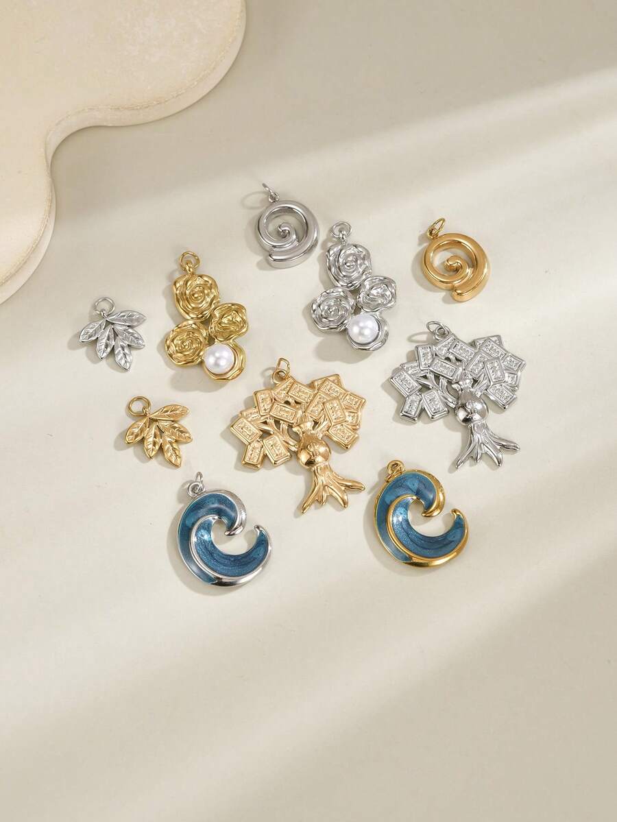 2pcs Stainless Steel Pendants Money Tree Maple Leaf Wave Flower Pearl Style Gold Silver Color Optional Suitable For DIY Jewelry Making Necklace Keychain Phone Chain Earring Bracelet Accessories And Other Jewelry Crafting - Multicolor - View 1