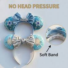 Disney 1pc Frozen Princess Elsa Character Ear Headband, Shiny Light Blue Sequin Snowflake Tiara Bow Cosplay Party Hair Hoop - Multicolor - View 5