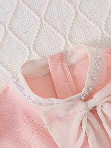 Autumn Girls' Fashion Elegant Round Neck Pearl Decor Large Bow Chiffon Long Sleeve Dress - Pink - View 3