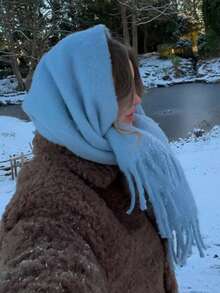1pc Thick Solid Color Fleece Mohair Tassel Scarf, Chic Autumn/Fall Warm Couple Shawl, Soft & Comfortable Blanket Scarf, Suitable For Daily Wear - Baby Blue - View 2