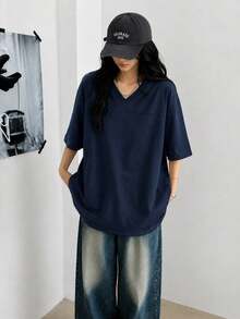 Kaos Wanita Longgar Leher V Lengan Pendek Warna Polos, Kasual Musim Semi/Panas - Navy Blue - View 1