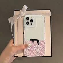 1PC Pink Floral Black Cat Print Transparent Soft TPU Phone Case, Compatible With Apple 18 17 16 15 14 13 12 11 Plus Pro Max Series, Personalized Ins Style - Clear - View 2