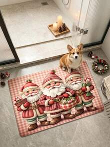 1pc Pink Plaid Background 3 Santa Claus Rectangular Doormat, Christmas, Carpet, Door Mat, Small Rug, Floor Mat, Home Decor, Area Rug - Multicolor - View 4