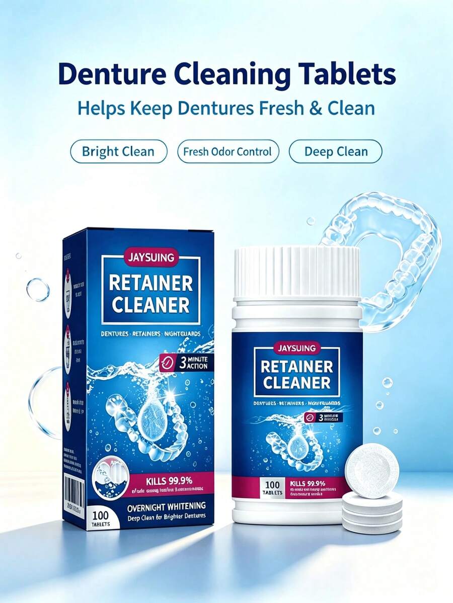 JAYSUING Tablet Pembersih Gigi Tiruan & Retainer Berbuih, Rendam untuk Menghilangkan Noda & Mengurangi Bau, Tablet Pembersih Aksesori Gigi Tiruan & Retainer - Keadaan Padat - View 1