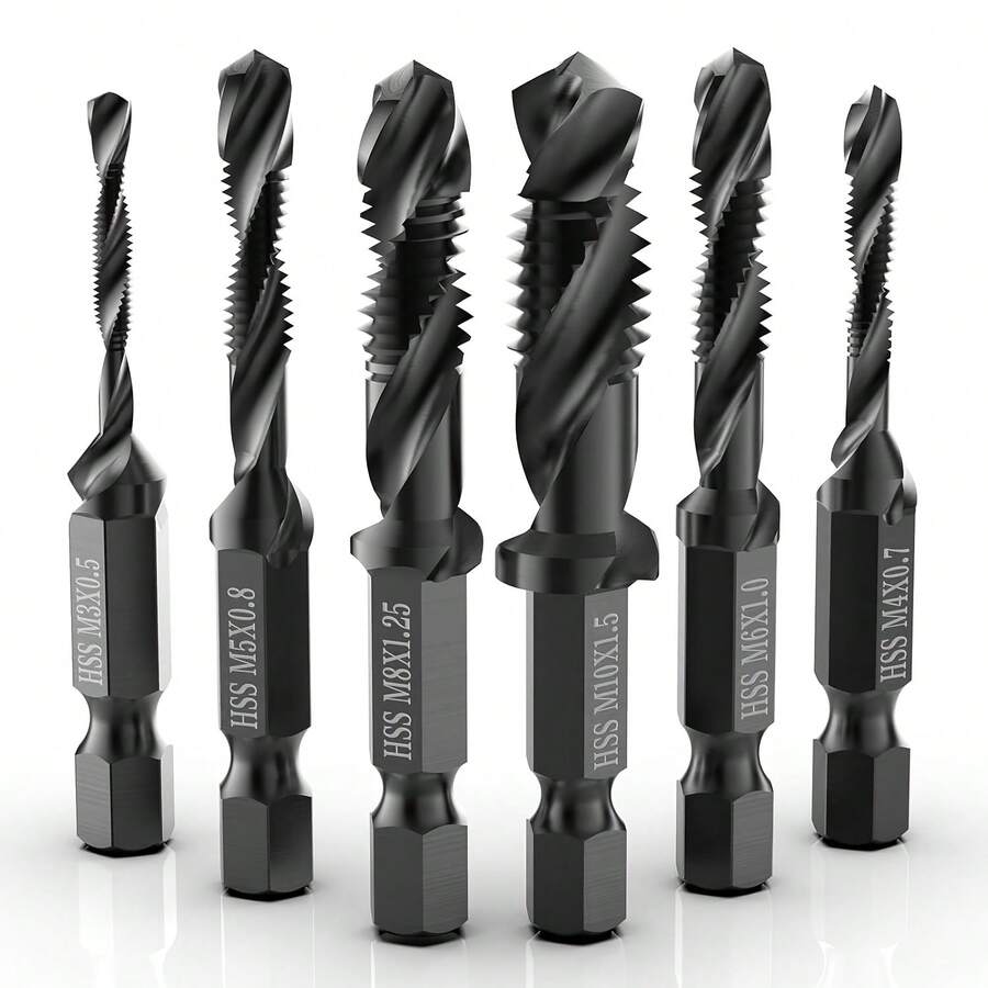 Set Bor dan Ulir 6 Buah, Ulir Spiral Komposit Tahan Karat 3-in-1, Metrik M3 M4 M5 M6 M8 M10, Tangkai Heksagonal 1/4" - 6 buah - View 1