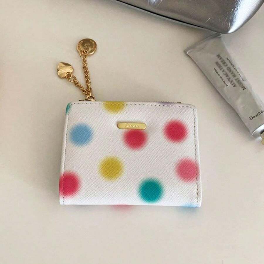 Women's Colorful Polka Dot Short Folding Wallet, Card Holder With Key Chain, Includes Coin Pocket