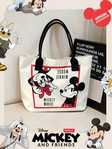 Miniso Tas Tote Kanvas Disney Mickey & Minnie dengan Border Merah Vintage Motif Kartun, Tas Bahu dengan Pegangan untuk Penggunaan Sehari-hari - Hitam - View 7