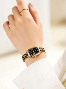 1pc Women's Rectangular Vintage Elegant Quartz Watch, Gold Alloy Case, Black/Red Roman Numeral Dial, Fashion Leopard Print Metal Mesh Strap - Black - View 5